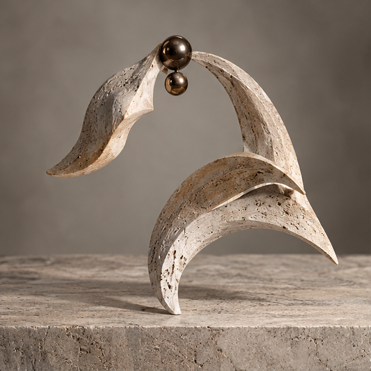 Abstract ivory-toned sculpture with sweeping leaf-like curves and two bronze-toned orbs, without text overlay