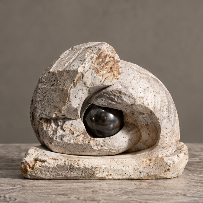 Ivory-toned interwoven curves sculpture framing a dark reflective orb on an elongated base, without text overlay