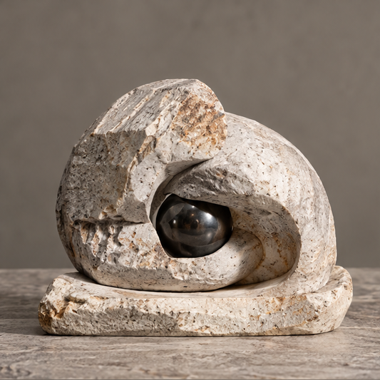 Ivory-toned interwoven curves sculpture framing a dark reflective orb on an elongated base, without text overlay
