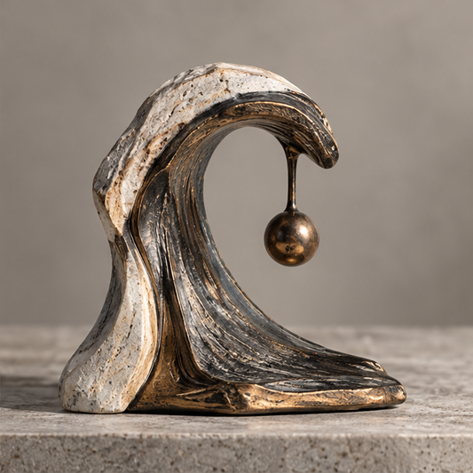 Cresting wave sculpture with suspended bronze-toned orb and ivory-toned outer edge