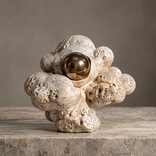 Ivory-toned bubble cluster sculpture with pitted textures and a reflective bronze-toned orb, without text overlay