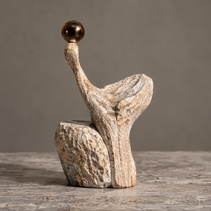 Ivory-toned organic sculpture with a tall rising curve, bronze-toned orb and rugged rounded block, without text overlay