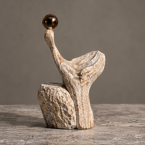 Ivory-toned organic sculpture with a tall rising curve, bronze-toned orb and rugged rounded block, without text overlay