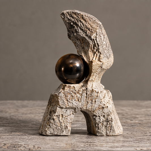 Textured ivory-toned sculpture with an arch-shaped base, rising curved form and bronze-toned orb, without text overlay