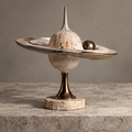 Celestial-inspired sculpture with ivory-toned rings, pointed center, bronze-toned orb and pedestal, without text overlay