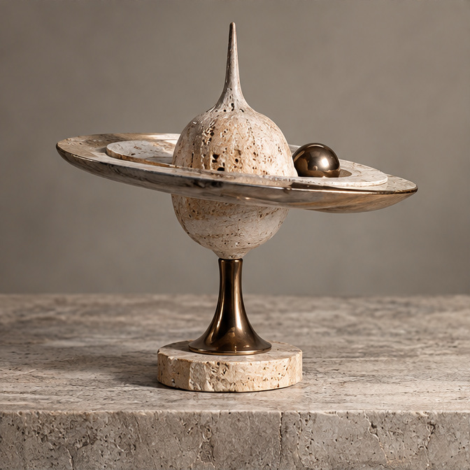 Celestial-inspired sculpture with ivory-toned rings, pointed center, bronze-toned orb and pedestal, without text overlay
