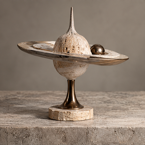 Celestial-inspired sculpture with ivory-toned rings, pointed center, bronze-toned orb and pedestal, without text overlay