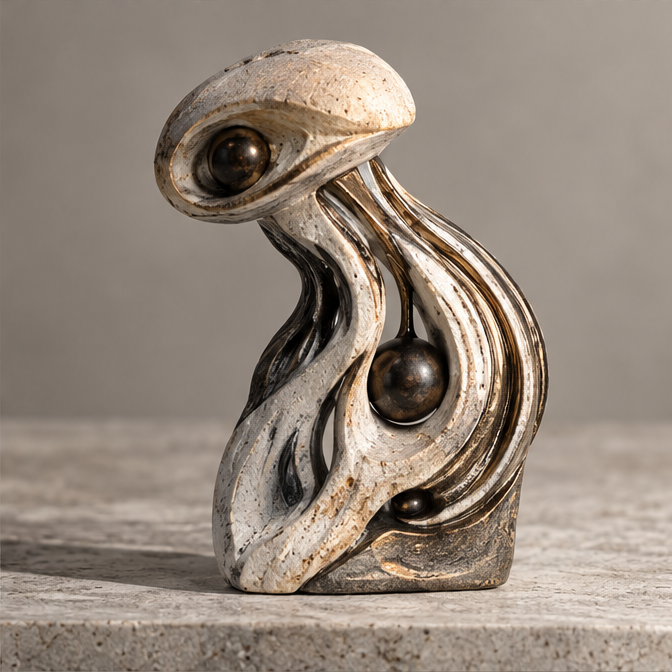 Upright abstract sculpture with flowing ivory-toned curves and three bronze-toned orbs, without text overlay