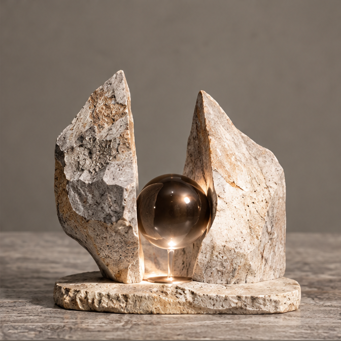 Two textured ivory-toned peaks framing a glossy brown orb on a slender stem and elongated base, without text overlay