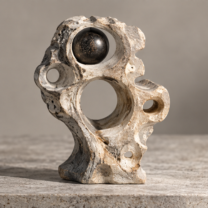 Ivory-toned abstract sculpture with circular cutouts and a dark orb, without text overlay