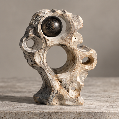 Ivory-toned abstract sculpture with circular cutouts and a dark orb, without text overlay