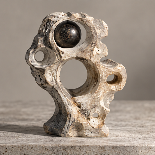 Ivory-toned abstract sculpture with circular cutouts and a dark orb, without text overlay