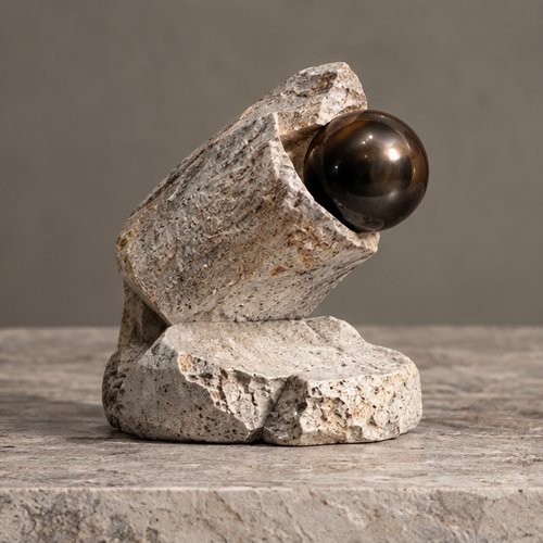 Angled ivory-toned cradle sculpture holding a glossy dark brown orb above an irregular base, without text overlay