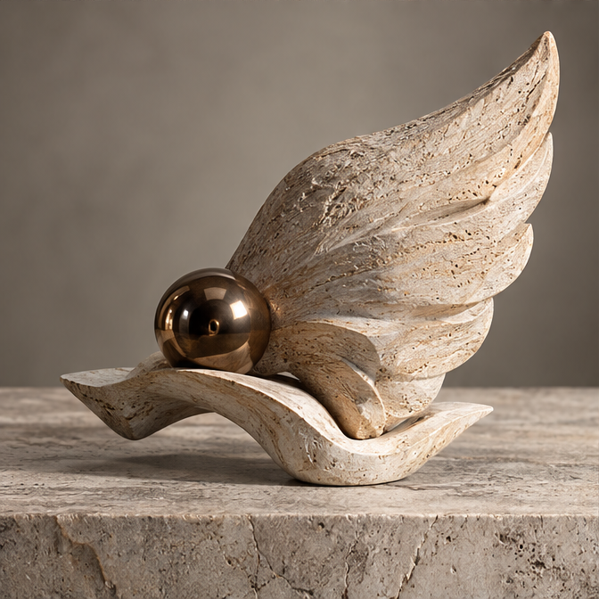 Ivory-toned wing sculpture with layered feather-like contours, bronze-toned orb and flowing base, without text overlay