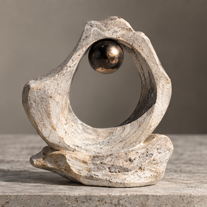 Ivory-toned organic ring sculpture with a bronze-toned orb and wave-like base, without text overlay