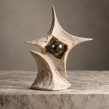 Ivory-toned four-point star sculpture with central bronze-toned orb and sweeping base, without text overlay