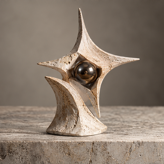 Ivory-toned four-point star sculpture with central bronze-toned orb and sweeping base, without text overlay