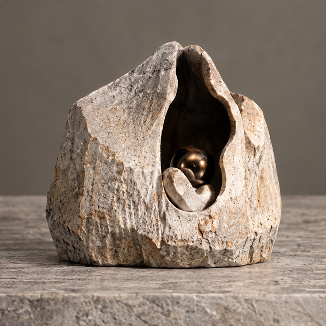 Rugged ivory-toned grotto sculpture with an irregular opening, curled inner cradle and bronze-toned orb, without text overlay